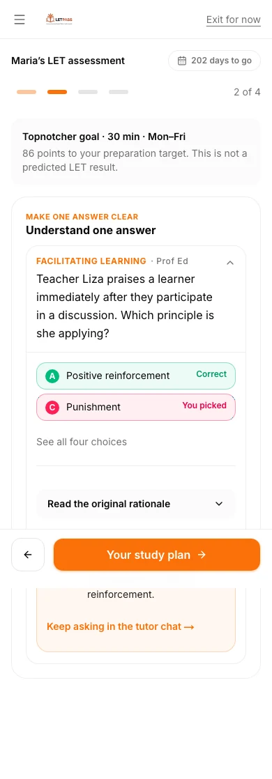 LETPass diagnostic answer explanation and review, comparing the selected and correct answers in a sample learner session