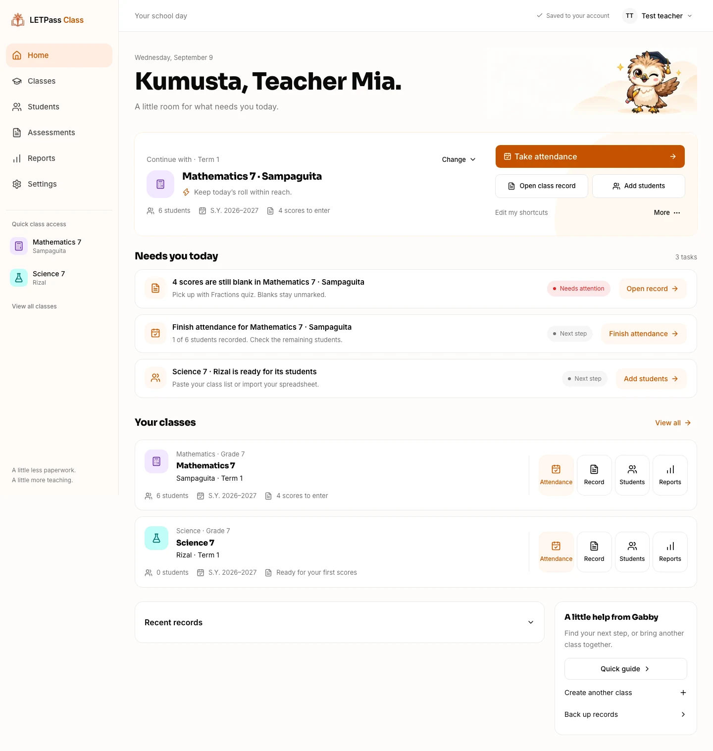 LETPass Class teacher home with class shortcuts and tasks needing attention, using fictional classroom records