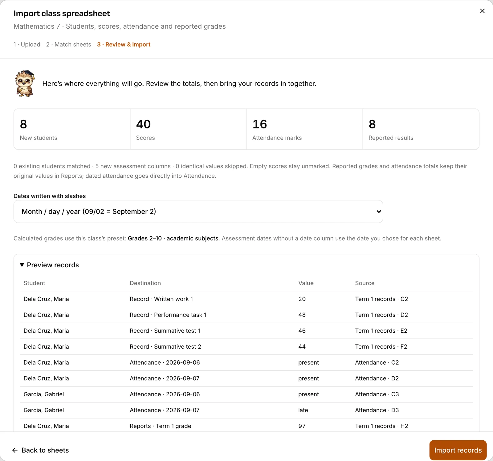 LETPass Class spreadsheet import review with sample students, scores, attendance, and original grade summaries