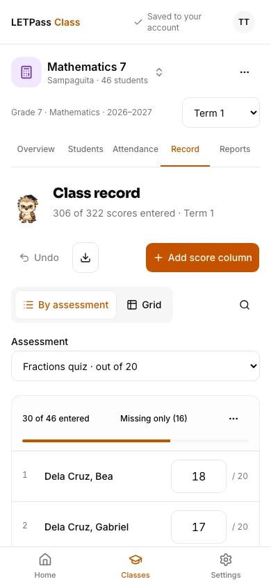 LETPass Class mobile score entry organised by assessment, showing fictional learners