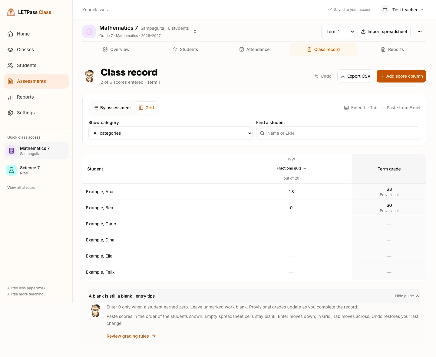 LETPass Class desktop record with a score grid and provisional grades for fictional learners