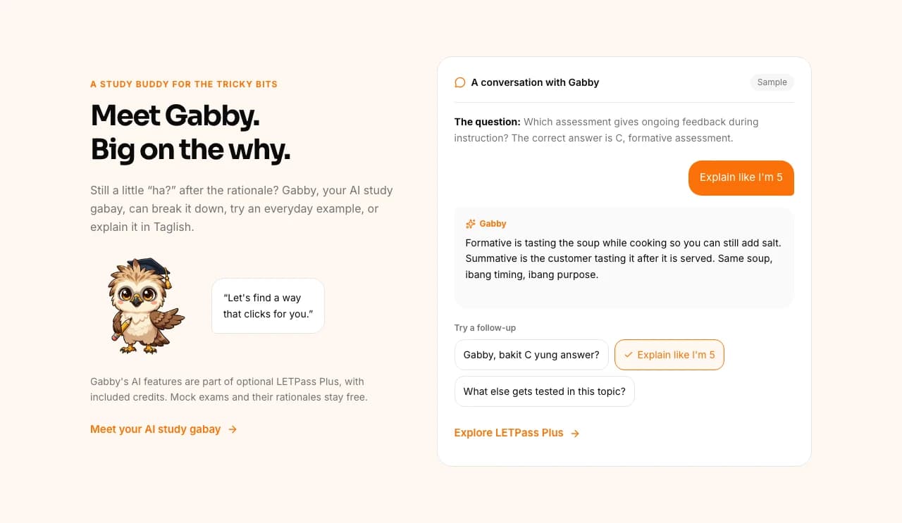 LETPass public Gabby preview with a labelled sample conversation explaining formative assessment