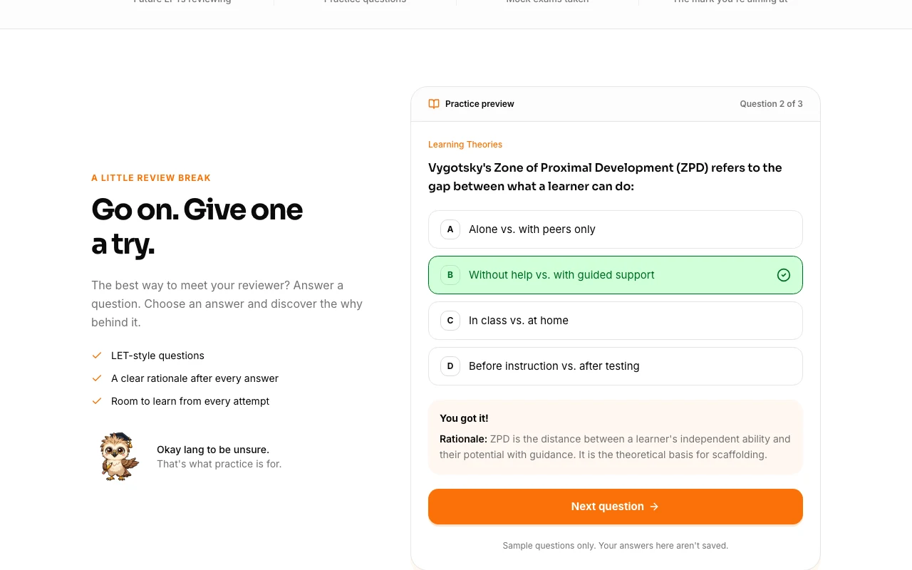 LETPass public practice preview showing a sample question, selected answer, and rationale; demo answers are not saved