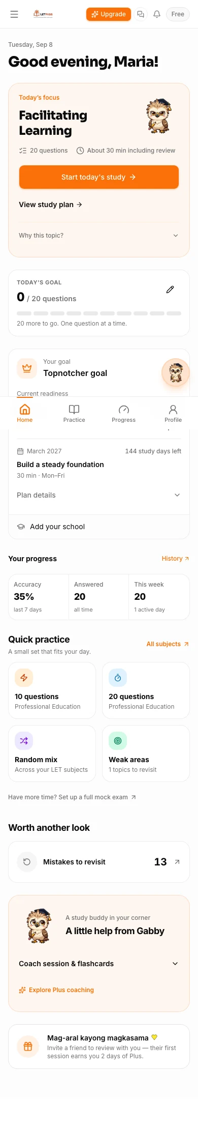 LETPass mobile dashboard with a daily study focus and a direct path into practice, using sample learner data