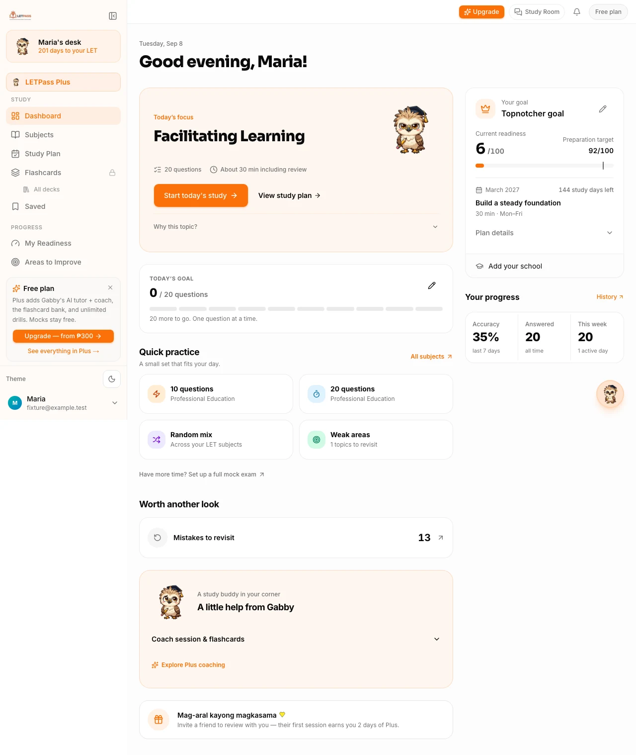 LETPass desktop dashboard with today’s study focus, preparation goals, and practice progress using sample learner data