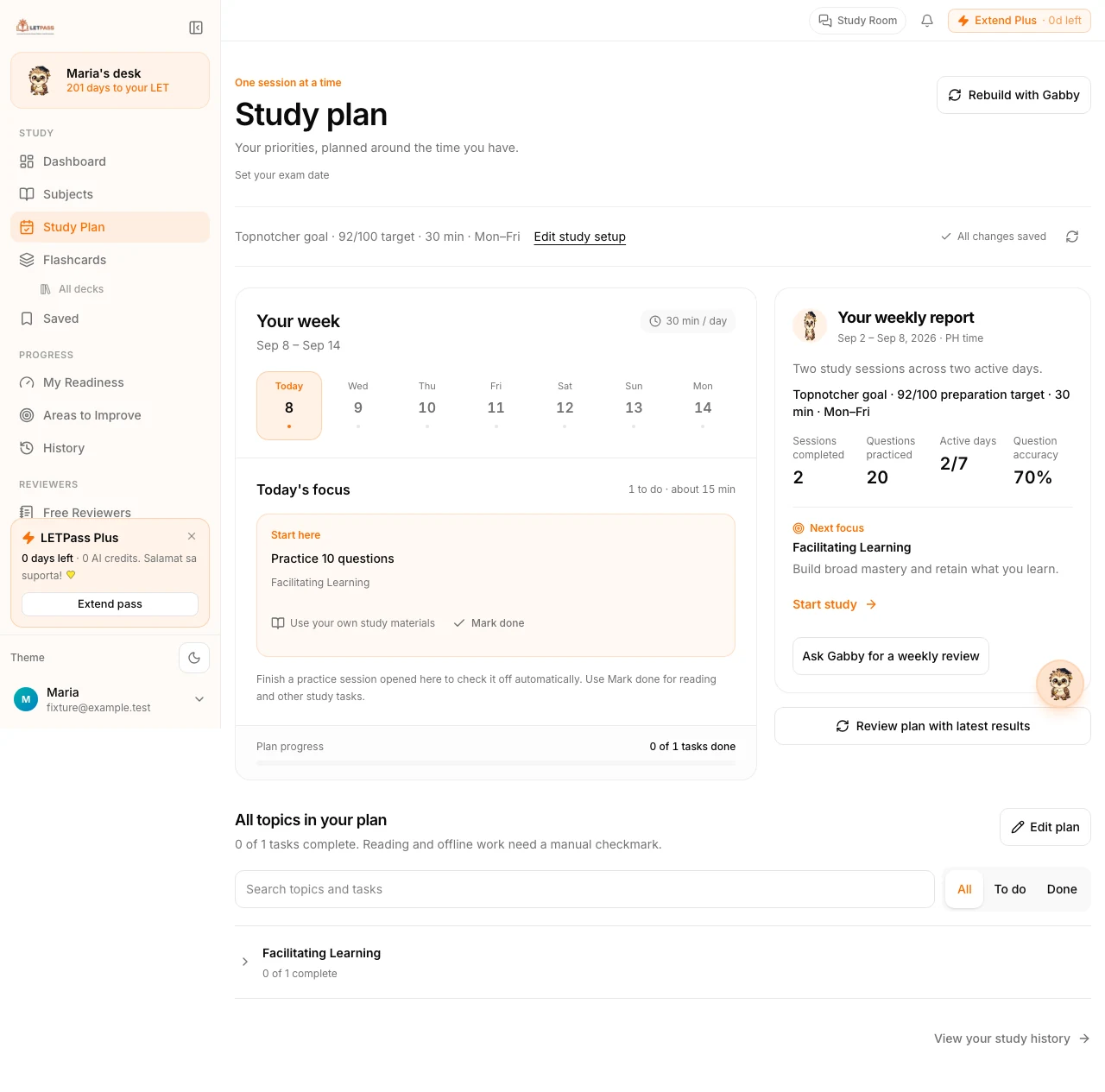 LETPass study plan connecting the week’s focus, practice tasks, and a weekly report using sample learner data