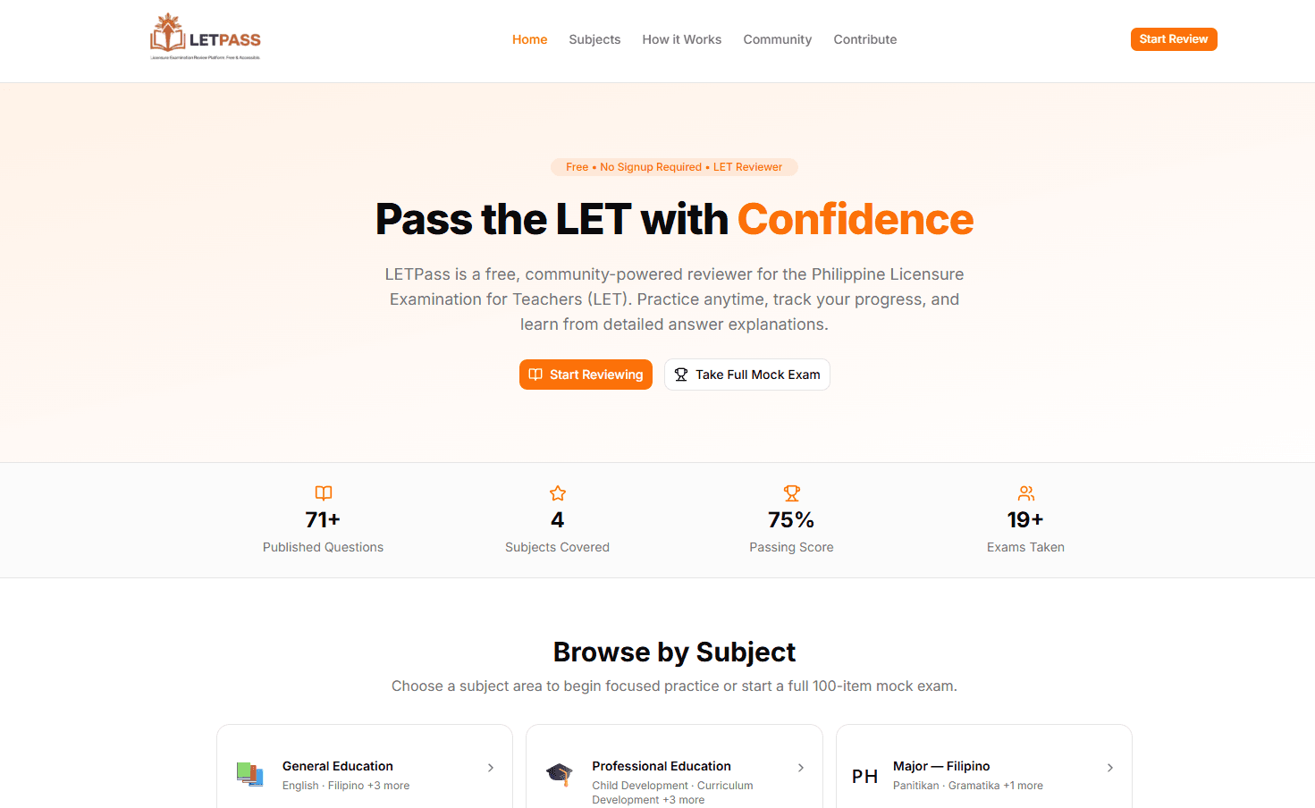 LETPass mock exam dashboard and review platform interface