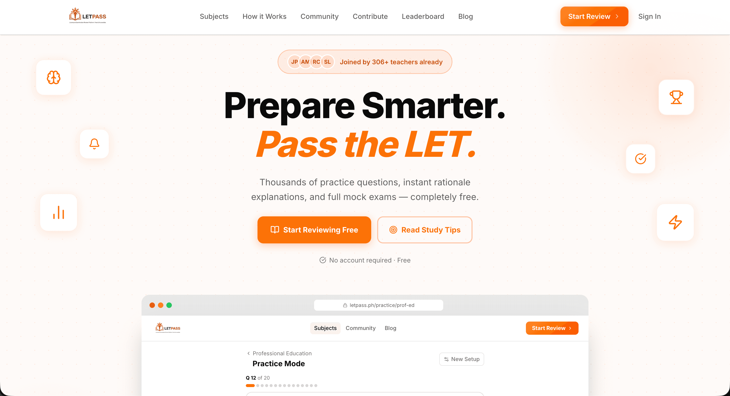 LETPass mock exam dashboard and review platform interface